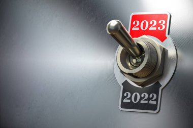 2023 yeni yıl değişimi. Klasik şalter 2022 ve 2023 numaralarıyla yer değiştir. 3d illüstrasyon