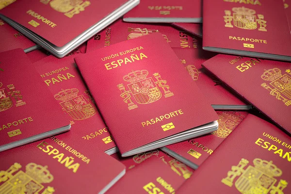 Heap Spain Passaportes Imigração Cidadania Viagens Turismo Conceito Ilustração — Fotografia de Stock
