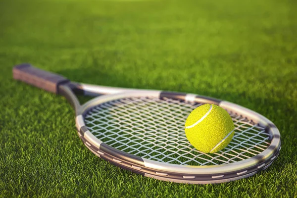 Tennisschläger Und Tennisball Auf Dem Rasen Des Tennisplatzes Illustration — Stockfoto