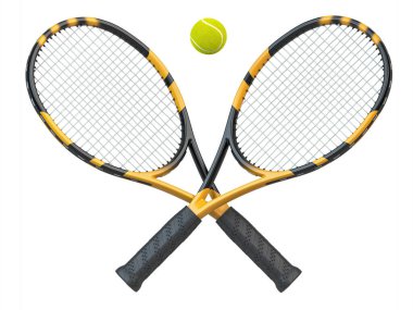 Tenis raketi ve tenis topu beyaz arka planda izole edilmiş. 3d illüstrasyon