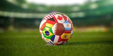 Futbol sahası çimlerinde dünya ülkelerinin bayrakları olan futbol topu. Katar 'da bir dünya kupası. 3d illüstrasyon