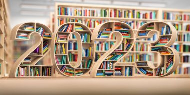 2023 yeni yıl eğitim konsepti. Kitaplıklar kütüphanede 2023 metni şeklinde kitaplar. 3d illüstrasyon