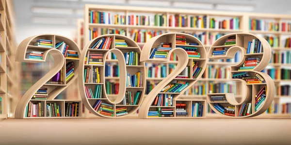 2023 Concepto Educación Año Nuevo Estanterías Con Libros Forma Texto — Foto de Stock