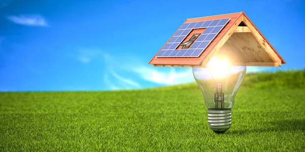 Solar energy ecological concept. Light bulb and roof with solar panels on green grass and sky background. 3d illustration