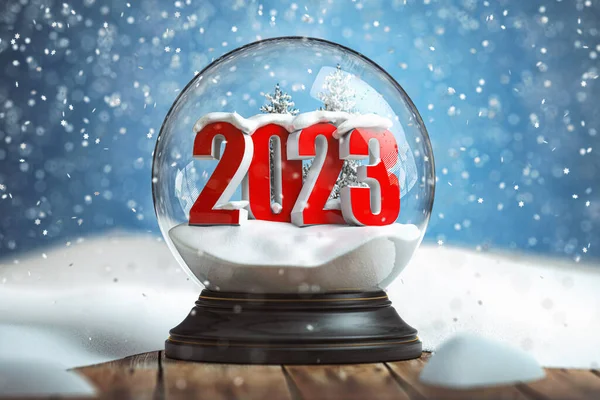 Happy New 2023 Year Snowball Witn 2023 Wooden Table Illustration — Stock Photo, Image