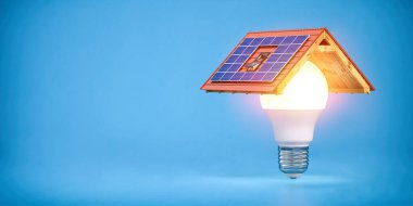 Güneş enerjisi ekolojik kavramı. Mavi arka planda güneş panelleri olan ampul ve çatı. 3d illüstrasyon