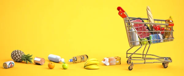 Einkaufswagen Mit Lebensmitteln Mit Abgeworfenen Produkten Inflation Wachstum Des Marktkorbs — Stockfoto