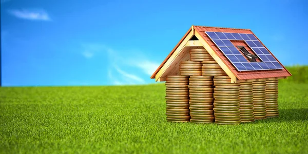 屋顶下堆满了装有太阳能电池板的硬币 使用太阳能可以省钱 3D说明 — 图库照片