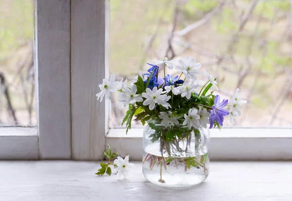 Spring Flowers Glass Jar Window Sill — Stock Photo, Image