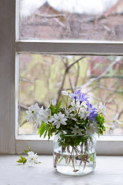 Spring Flowers Glass Jar Window Sill — Stock Photo, Image