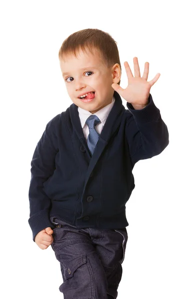 Engraçado menino pequeno puxar rostos humorísticos — Fotografia de Stock