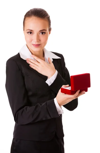 Admired business woman with open jewel box — Stock Photo, Image