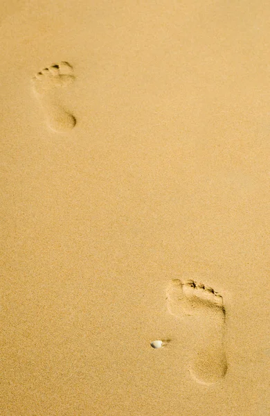 Två fotspår på klart guld sand — Stockfoto