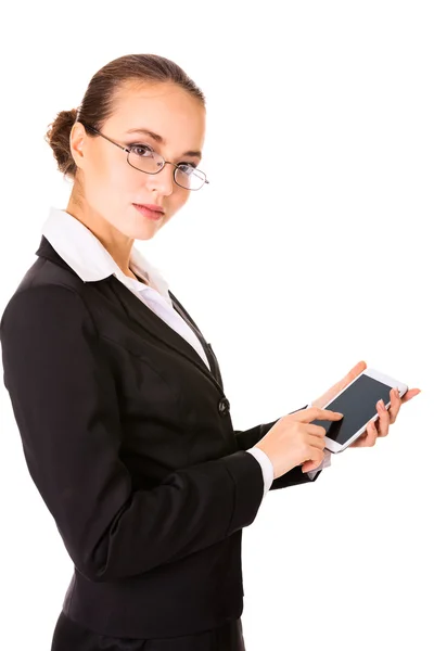 Ernstige zakenvrouw met behulp van een moderne touch telefoon — Stockfoto