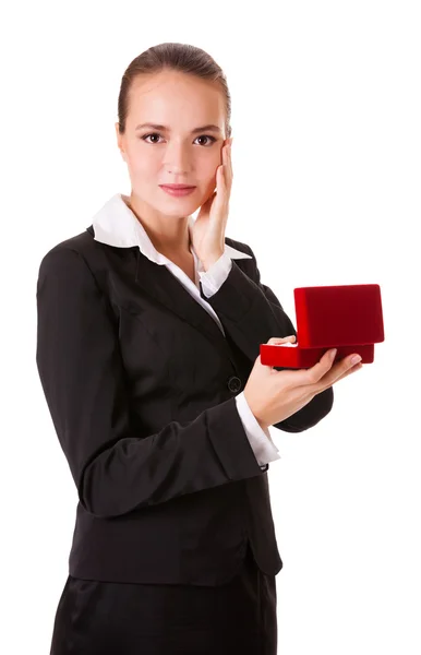 Happy business woman with a gift — Stock Photo, Image
