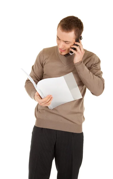 Manager with document folder calling by the phone — Stock Photo, Image