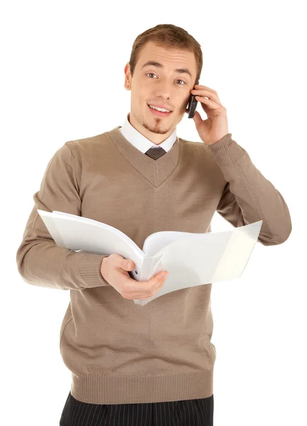 Manager with document folder calling by the phone — Stock Photo, Image