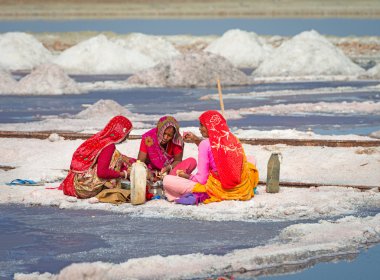 Salt collecting in salt farm, India clipart