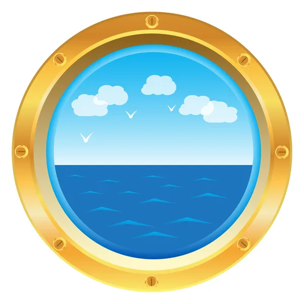 Ventana de ojo de buey amarillo con vista al mar — Vector de stock