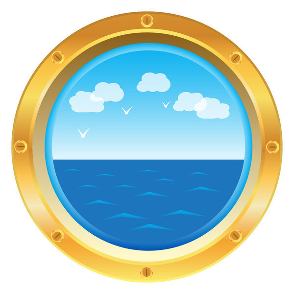 Yellow porthole window with sea view