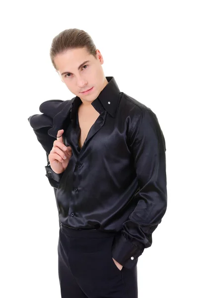 Elegant young man macho in black — Stock Photo, Image