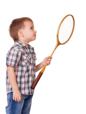 badminton raket üzerinde beyaz bir çocukla