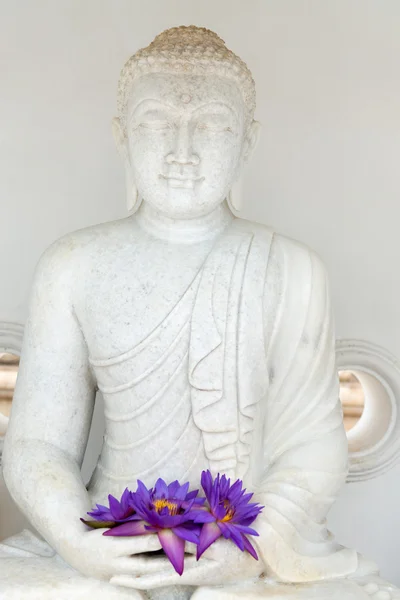 Estatua de Buda con flores frescas — Foto de Stock