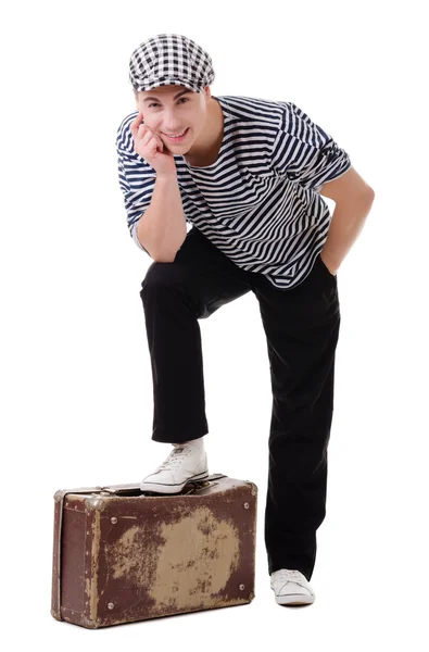 Stylish traveller man with vintage suitcase — Stock Photo, Image