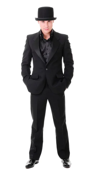 Elegant fullängds ung man i svart kostym — Stockfoto