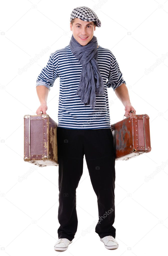 Stylish traveller man with vintage suitcase