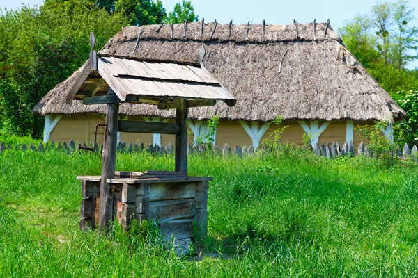 Vecchio villaggio bene con un tetto di legno — Foto Stock