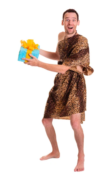 Happy wild funny manwith present or gift pack — Stock Photo, Image