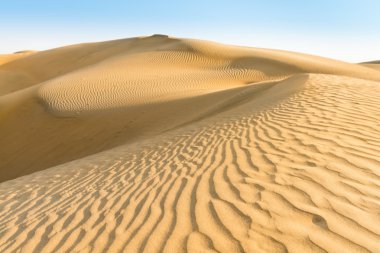 Altın sarı kum tepelerine mavi gökyüzü altında