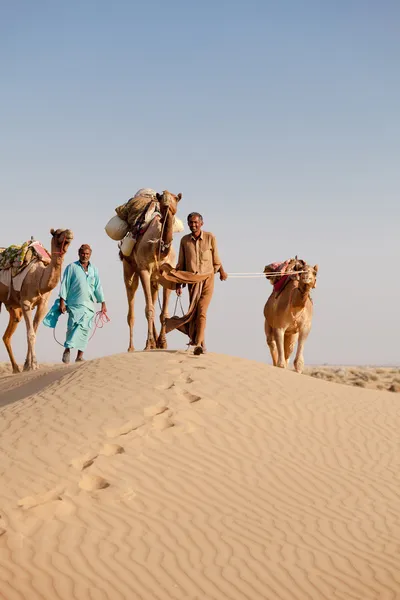 Caravana com beduínos e camelos no deserto — Fotografia de Stock