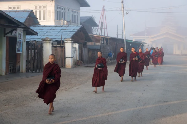 Young monks get food offerings in early morning — Stock Photo, Image