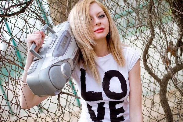 Girl with tape recorder — Stock Photo, Image