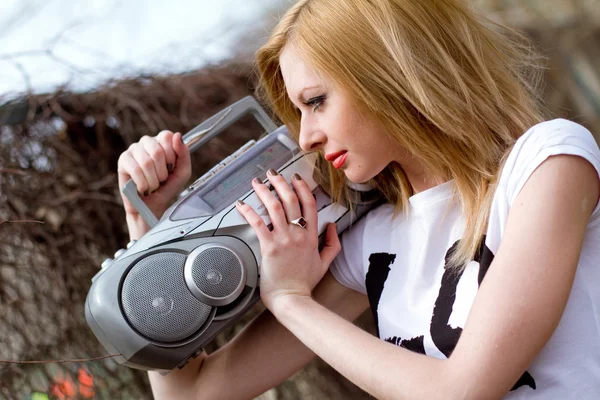 Girl with tape recorder — Stock Photo, Image