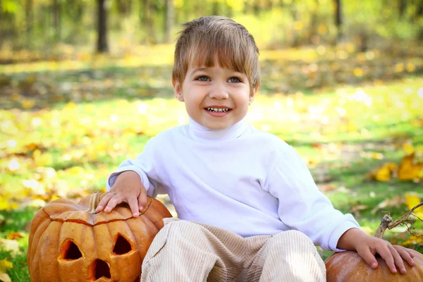 Ritratto di un piccolo ragazzo sorridente con due zucche di Halloween — Foto Stock