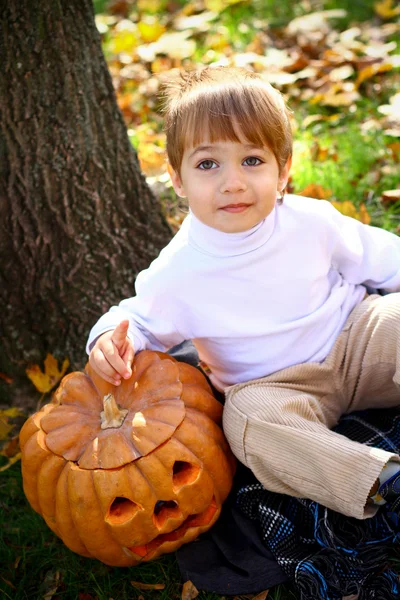Щасливий маленький хлопчик з гарбузом на Хеллоуїн сидить біля дерева — стокове фото