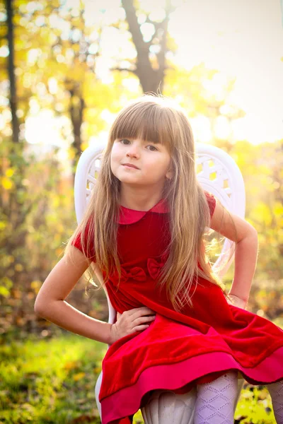 Sweet girl in the autumn forest sitting on a chair — Stock Photo, Image