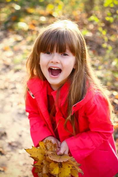 Liten glad tjej med blad i höst skog — Stockfoto