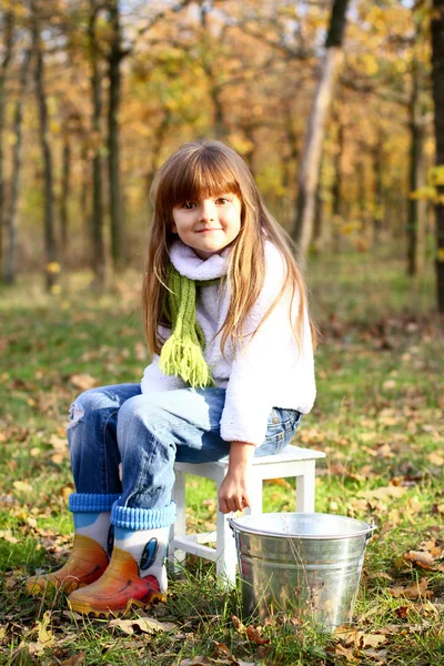 Little girl with a taburet and a bucket in the autumn forest — Stock Photo, Image