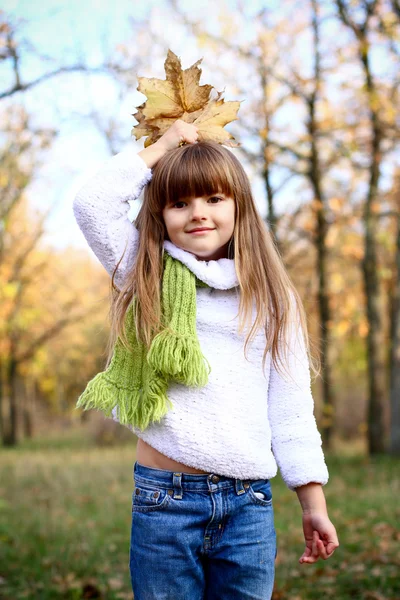 Belle petite fille avec des feuilles d'automne à l'extérieur — Photo