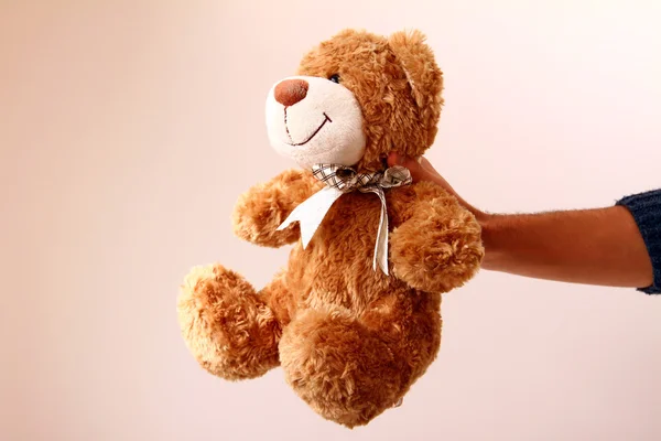 Man's hand holding brown teddy bear isolated — Stock Photo, Image