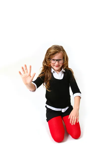 Smiling little girl making the sign five or hello isolated on wh — Stock Photo, Image