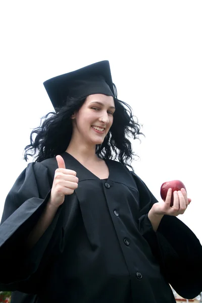 Junge lachende Studentin im Abendkleid mit Okay — Stockfoto