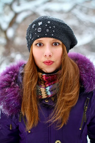 Funny winter girl outdoors — Stock Photo, Image