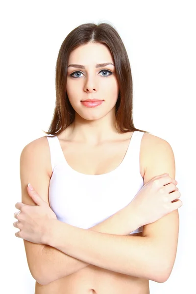 Attraktiva fitness kvinna i underkläder på den vita bakgrunden — Stockfoto