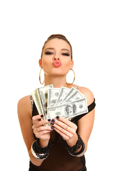 Sexy brunette girl holding dollars on a white background — Stock Photo, Image