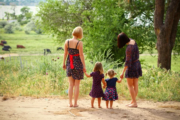 Duas mães com suas filhas em um campo de verão, vista traseira Fotos De Bancos De Imagens